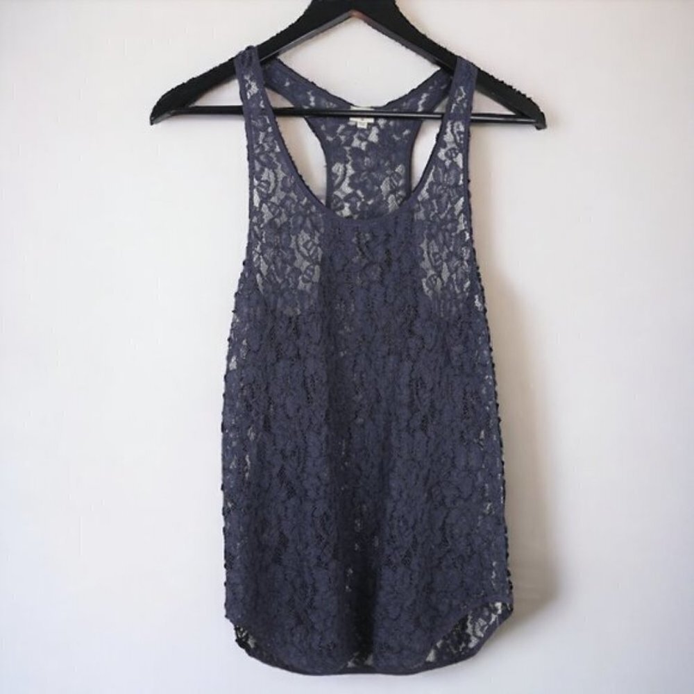 Aritzia Wilfred Madeline Silk Trim Lace Racerback Blouse Navy Blue Size XS
